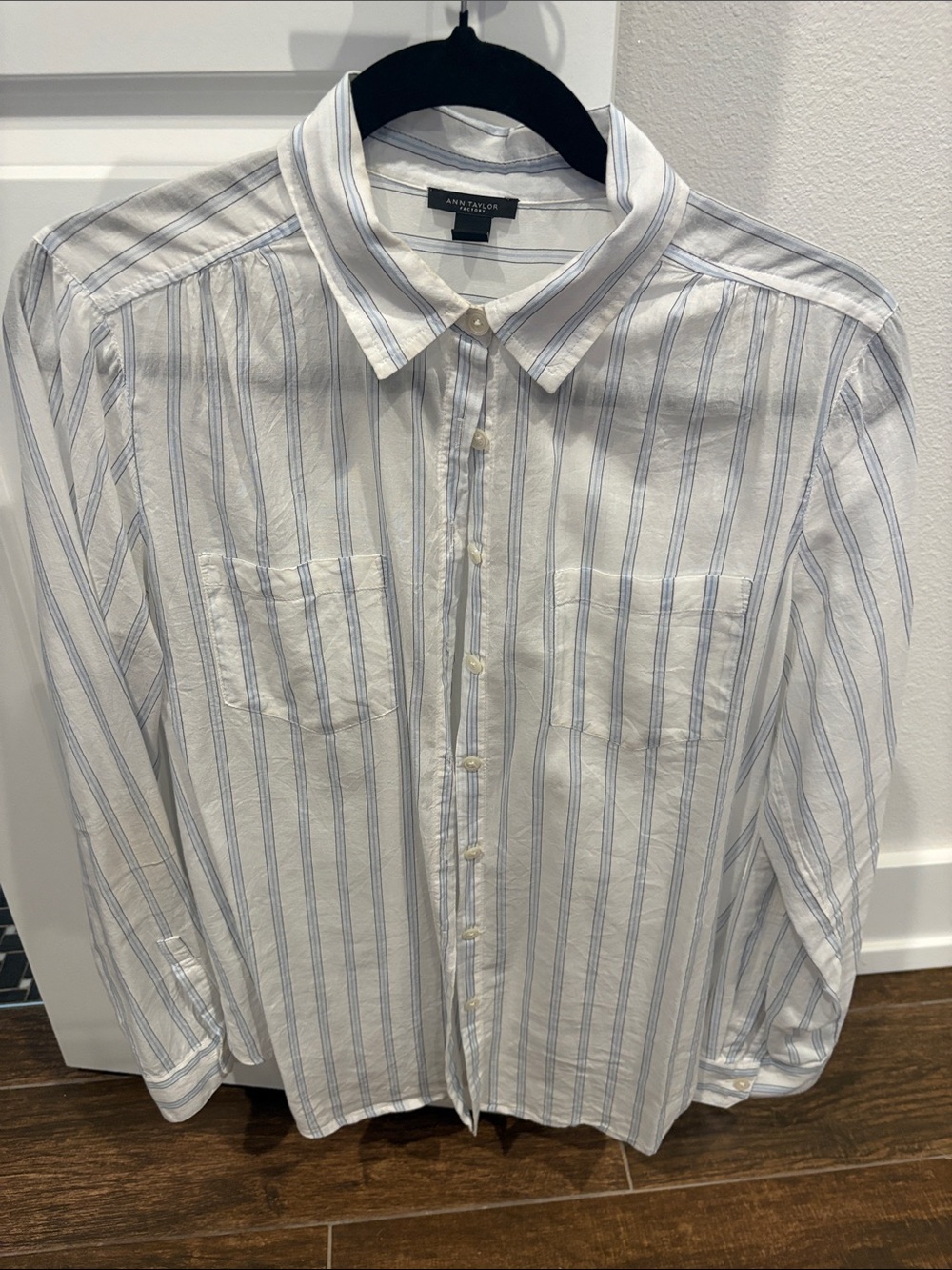 Ann Taylor Women’s White Shirt with Light Blue Stripes